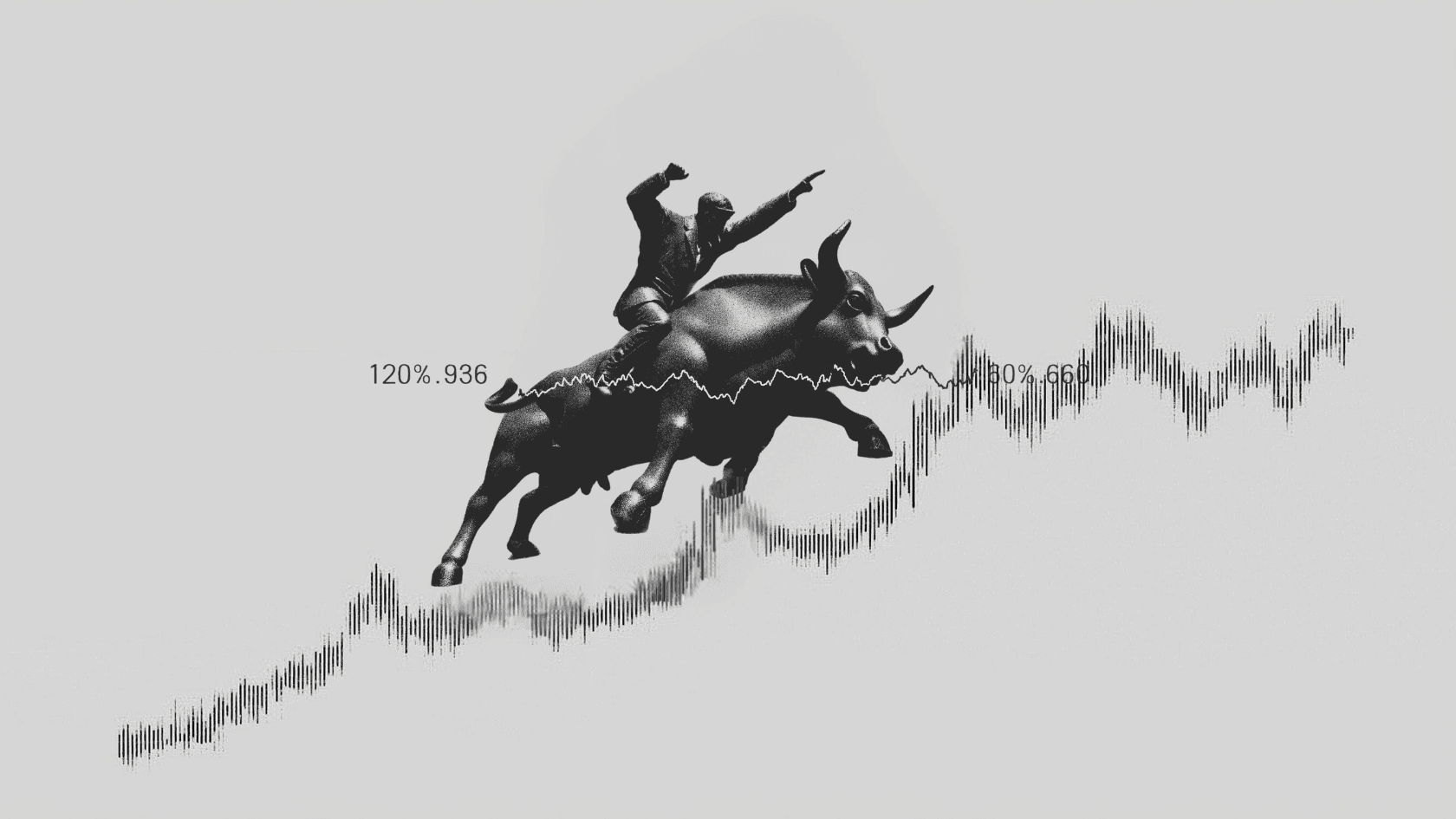 Bull rider on a charging bull with a rising stock chart in the background